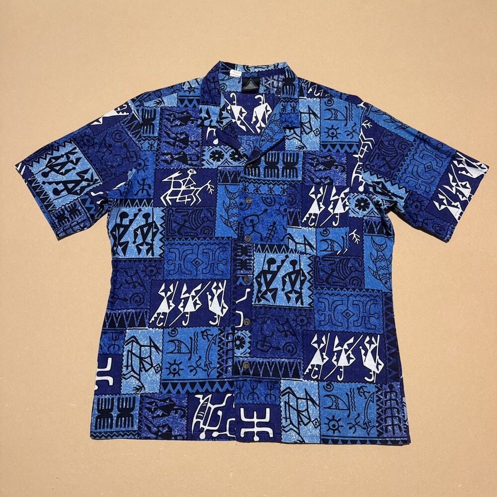 Kenningington Hawaiian Shirt Men's Large Cotton Blue Tribal Print Camp Shirt VTG